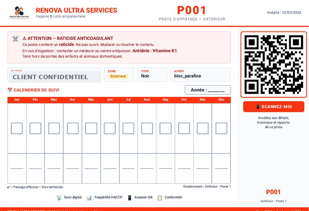 Fiche de poste d'appâtage à code QR — dispositif chiffré dans le devis en ligne